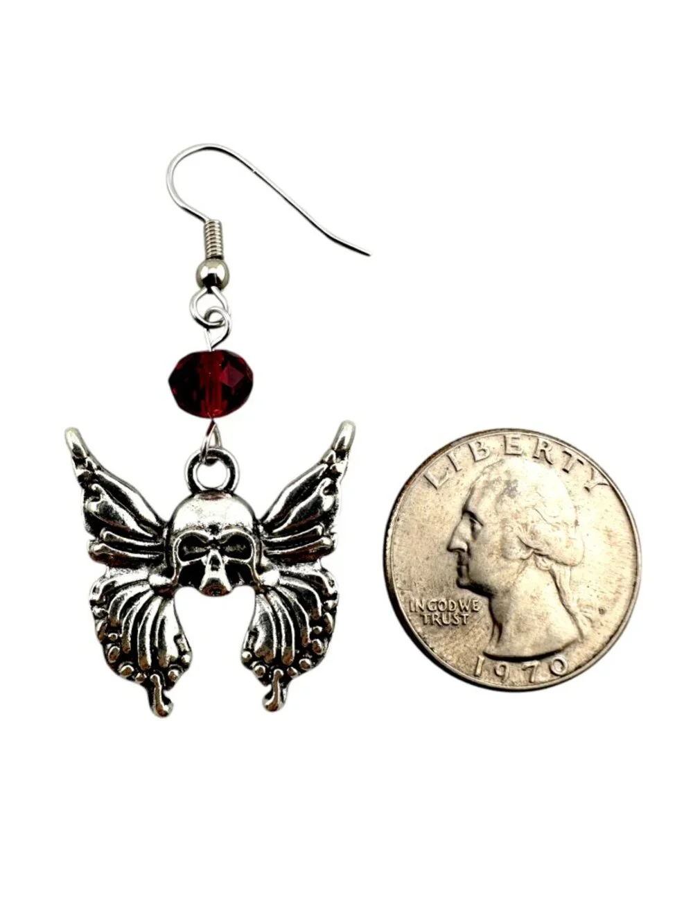 Winged Skull Earrings Red Crystal Gothic Halloween Silver Tone Dangle